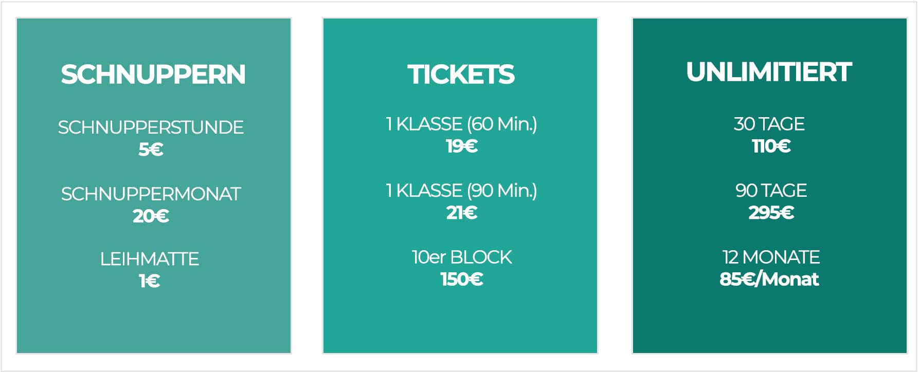 Preisübersicht Yoga Studio mit Software