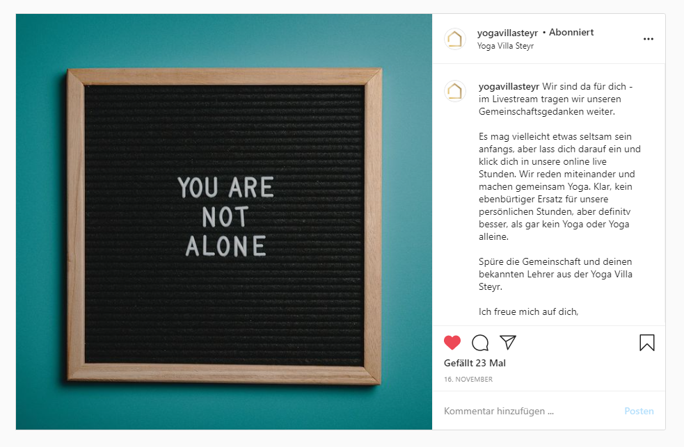 Instagram Posting Yoga Villa Steyr: Online Yoga Kurse bewerben