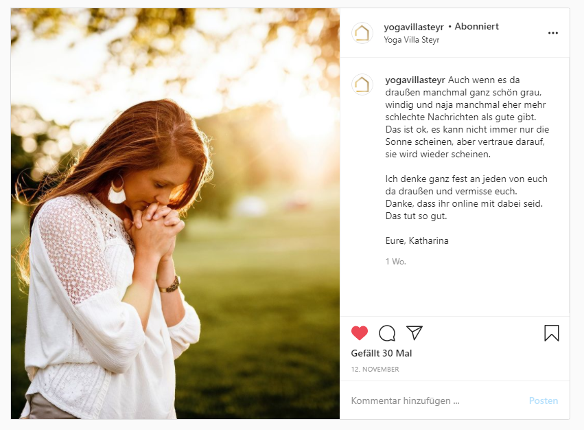 Instagram Posting 2 Yoga Villa Steyr: Online Yoga Kurse bewerben