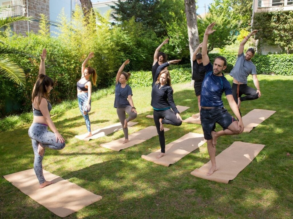 Eine Outdoor Yoga Stunde mit mehreren Teilnehmern in einem grünen Park