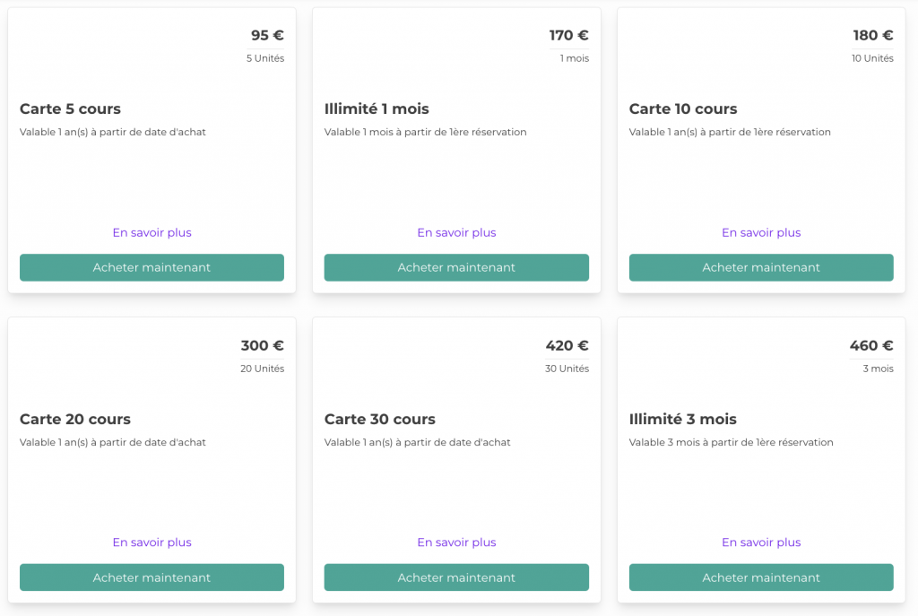 Exemple de tarifs du studio Yoga Vision à Paris